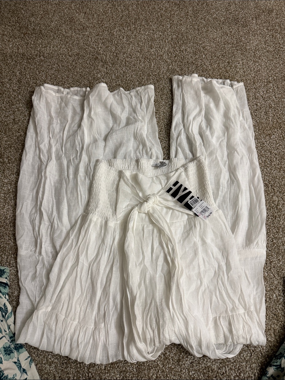 HYFVE White Smocked-Waist Wide Leg Jumpsuit with Tie Front